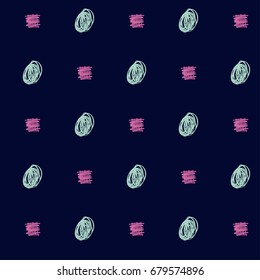 Seamless vector scribble hipster pattern. Mint green and pink hand drawn doodles on a blue background. Children's jeans or shirt fashion design. Modern original simple background trendy funky colors.