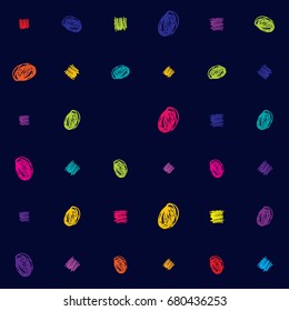 Seamless vector scribble hipster pattern. Green, orange, pink, blue, purple doodles on a dark blue background. Modern original trendy funky colors background. Children's jeans or shirt fashion design.