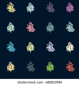 Seamless vector scribble hipster pattern. Green, orange, pink, blue, purple doodles on a dark blue background. Denim cowboy jeans or shirt fashion design. Modern original vintage retro background.