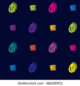 Seamless vector scribble hipster pattern. Green, orange, pink, blue, purple doodles on a dark blue background. Modern original trendy funky colors background. Children's jeans or shirt fashion design.