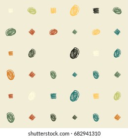 Seamless vector scribble retro hipster pattern. Green, orange, brown, grey, yellow doodles on a beige ocher background. Vintage original colors background. Children's or female t-shirt fashion design.
