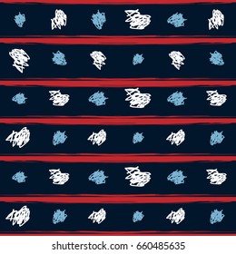 Seamless vector scribble and stripes hipster pattern. White, blue doodles, red stripes on a dark blue background. Denim cowboy jeans or shirt fashion design. Modern original vintage retro background.