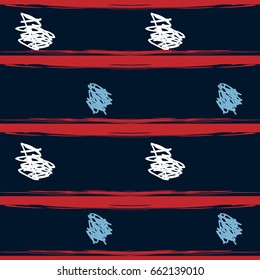 Seamless vector scribble and stripes hipster pattern. White, blue doodles, red stripes on a dark blue background. Denim cowboy jeans or shirt fashion design. Modern original vintage retro background.