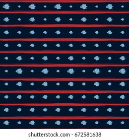 Seamless vector scribble and stripes hipster pattern. White, blue doodles, red stripes on a dark blue background. Denim cowboy jeans or shirt fashion design. Modern original vintage retro background.