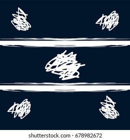 Seamless vector scribble and stripes trendy hipster pattern. White doodles and stripes on a dark blue background. Denim or navy jeans or shirt fashion design. Modern original vintage retro background.