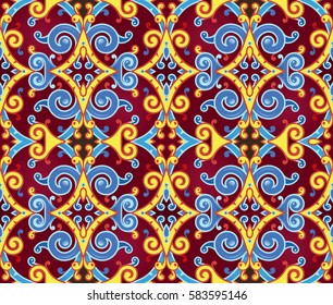 Seamless Vector Scroll Pattern in Gold, Blue and Purple Colors. Decorative Tile Background for Textile Design