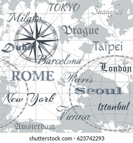 Seamless vector sea map with compass, city names: Tokyo, Milan, Shanghai, Prague, Dubai, Barcelona, Taipei, London, Paris, Rome, Seoul, New York, Istanbul, Vienna, Amsterdam. For textiles, wallpaper.