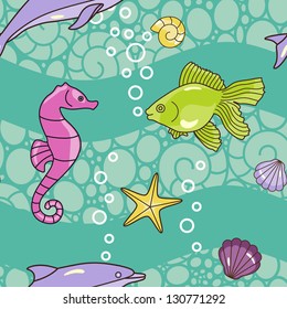 seamless vector sea  pattern with dolphin ,shells,seahorse and starfish