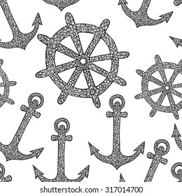 Seamless vector sea pattern with hand drawn anchor and helm doodle illustrations