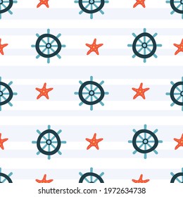 Seamless vector sea pattern. Helm or ship's wheel and starfish. Summer concept. Hand drawn elements.