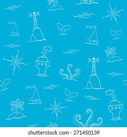 Seamless vector sea pattern with lighthouse wind rose, ship, octopus, island, and whale tail.