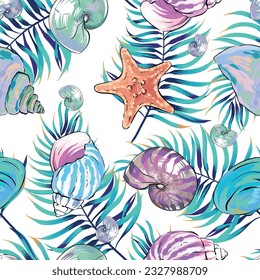 Seamless vector Sea pattern. Marine theme, shells. for printing on fabric, paper, textiles