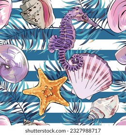 Seamless vector Sea pattern. Marine theme, shells. for printing on fabric, paper, textiles