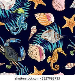 Seamless vector Sea pattern. Marine theme, shells. for printing on fabric, paper, textiles
