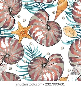 Seamless vector Sea pattern. Marine theme, shells. for printing on fabric, paper, textiles