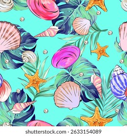 Seamless vector Sea pattern. Marine theme, shells. for printing on fabric, paper, textiles