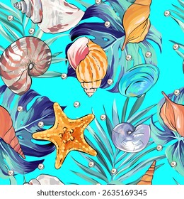 Seamless vector Sea pattern. Marine theme, shells. for printing on fabric, paper, textiles