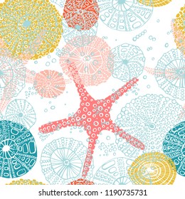 Seamless vector sea pattern. Seashell, various seashells, starfish