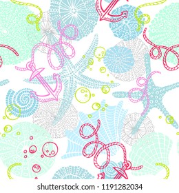 Seamless vector sea pattern. Seashell, various seashells, starfish