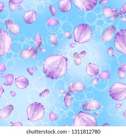 Seamless vector sea pattern of seashells, sea pebbles and air bubbles on a blue background.