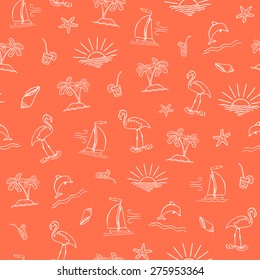 Seamless vector sea pattern with sun, boat, island, palm, dolphin, starfish, soft drinks, shell and flamingo
