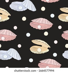 Seamless vector sea shell pattern. Mollusk cover. Ocean pattern sketch style. Travel, tropical summer texture.