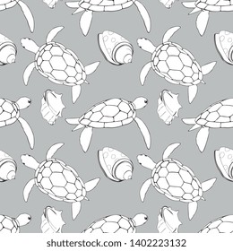 Seamless Vector Sea Turtle Illustration Monochrome Pattern