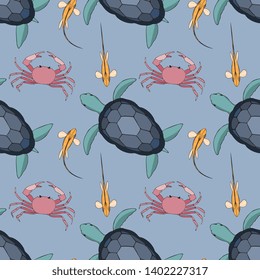 Seamless Vector Sea Turtle And Pink Crab Illustration Pattern