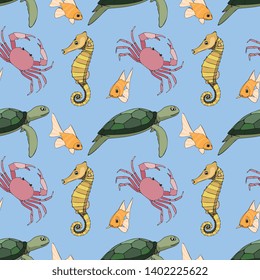 Seamless Vector Sea Turtle, Seahorse And Pink Crab Illustration Pattern