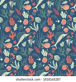 Seamless vector sealife pattern. Cute print with fish, seahorse, swordfish, puffer fish, shells, corals, seaweed. Design for fabric, wallpaper, textile