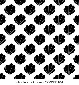 Seamless vector seashells pattern.  Nautical design with trendy geometric shells. Black and white shapes on a monochrome background. Perfect for fashion, textile design, home decor, and cute fabric.