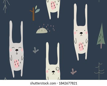 Seamless vector seasonal pattern with funny hare in the forest. Suitable for printing covers, backgrounds, wallpapers, wrapping paper, textiles, apparel.