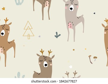 Seamless vector seasonal pattern with funny deers in the forest. Suitable for printing covers, backgrounds, wallpapers, wrapping paper, textiles, apparel.