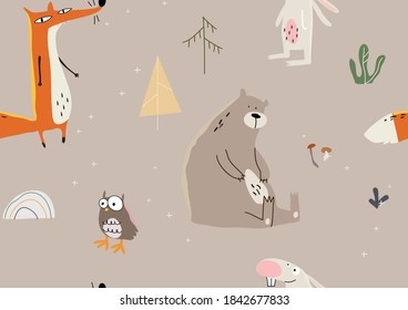 Seamless vector seasonal pattern with funny animals in the forest. Suitable for printing covers, backgrounds, wallpapers, wrapping paper, textiles, apparel.
