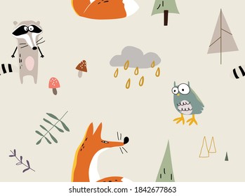 Seamless vector seasonal pattern with funny animals in the forest. Suitable for printing covers, backgrounds, wallpapers, wrapping paper, textiles, apparel.