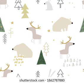 Nahtlose Vektorgrafik mit lustigen Tieren im Wald. Geeignet für den Druck von Decken, Hintergründen, Wallpaper, Umhüllungspapier, Textilien, Bekleidung.