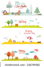 Seamless Vector Seasons Banners In A Cute And Cartoon Style With Place For Text. Summer, Autumn, Winter, Spring. Outdoor Backgrounds With Nature, Sky, Flowers, Trees, Sea, Garden, Grass, And Animals