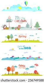 Seamless vector seasons banners in a cute and cartoon style with place for text. Summer, autumn, winter, spring. Outdoor backgrounds with nature, sky, flowers, trees, sea, garden, grass, and animals