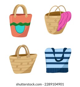 Juego de vectores de las bolsas de playa. Imagen en color de bolsos de verano hechos de diferentes materiales.