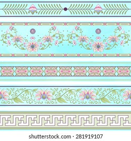 Seamless vector set of borders. Imitation of chinese porcelain painting. Lotus flowers and leaves are painted by watercolor.