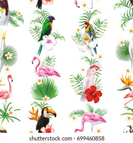 Seamless vector set is composition with tropical birds and plants, leaves and flowers. Beach print pattern wallpaper
