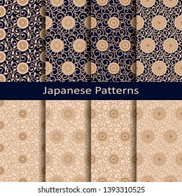 seamless vector set of eight japanese geometric patterns. seamless template in swatch panel. design foe print, textile, woodblock