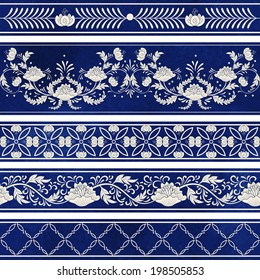 Seamless vector set of five borders. Ornament in chinese style. Elegant floral design.  Imitation of chinese porcelain painting. Blue watercolor background. Hand drawing. 