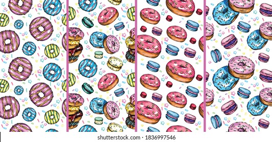 Seamless vector set of prints with colored donuts. Bright, colorful pattern for packaging paper, printing, covers and leaflets. Donuts and macaroons.