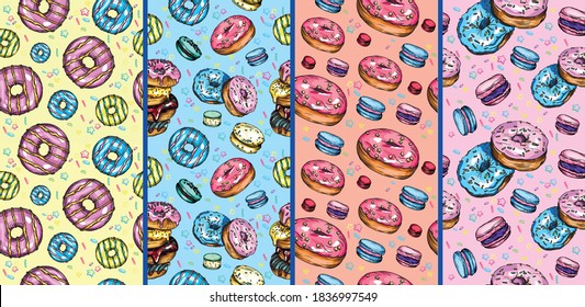 Seamless vector set of prints with colored donuts. Bright, colorful pattern for packaging paper, printing, covers and leaflets. Donuts and macaroons.