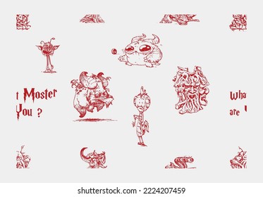 Seamless Vector set of sketch monsters. Flat vector illustration