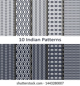 seamless vector set of ten blue indian lineal geometric patterns. seamless template in swatch panel. design for print, textile, packaging