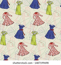 Seamless vector sewing pattern with paper patterns and sketches of vintage dresses 