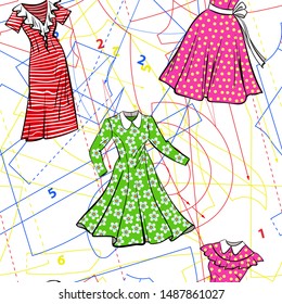 Seamless vector sewing pattern with paper patterns and sketches of vintage dresses