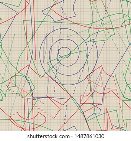Seamless vector sewing pattern with paper patterns.